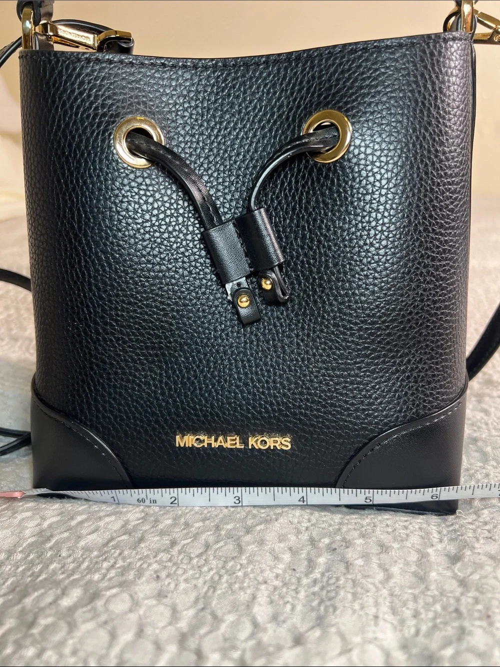 Michael Kors Black Pebbled Leather Drawstring Bucket Crossbody